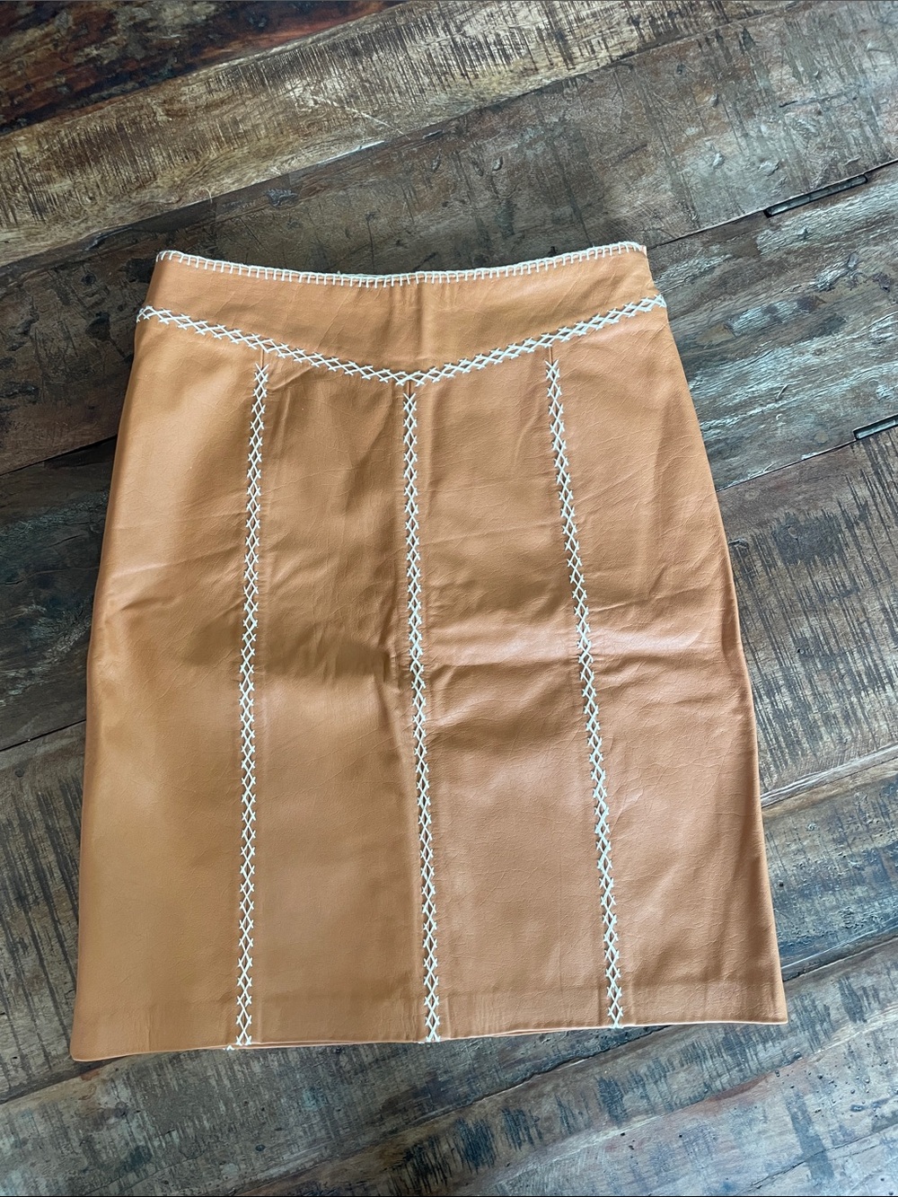 GAP Tan Leather Pencil Skirt with White Stitch Panels